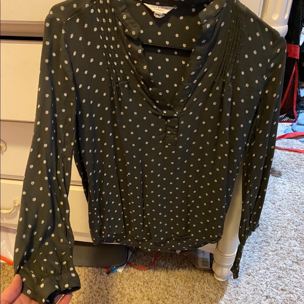 Olive colored, polka dot, Lucky Brand blouse